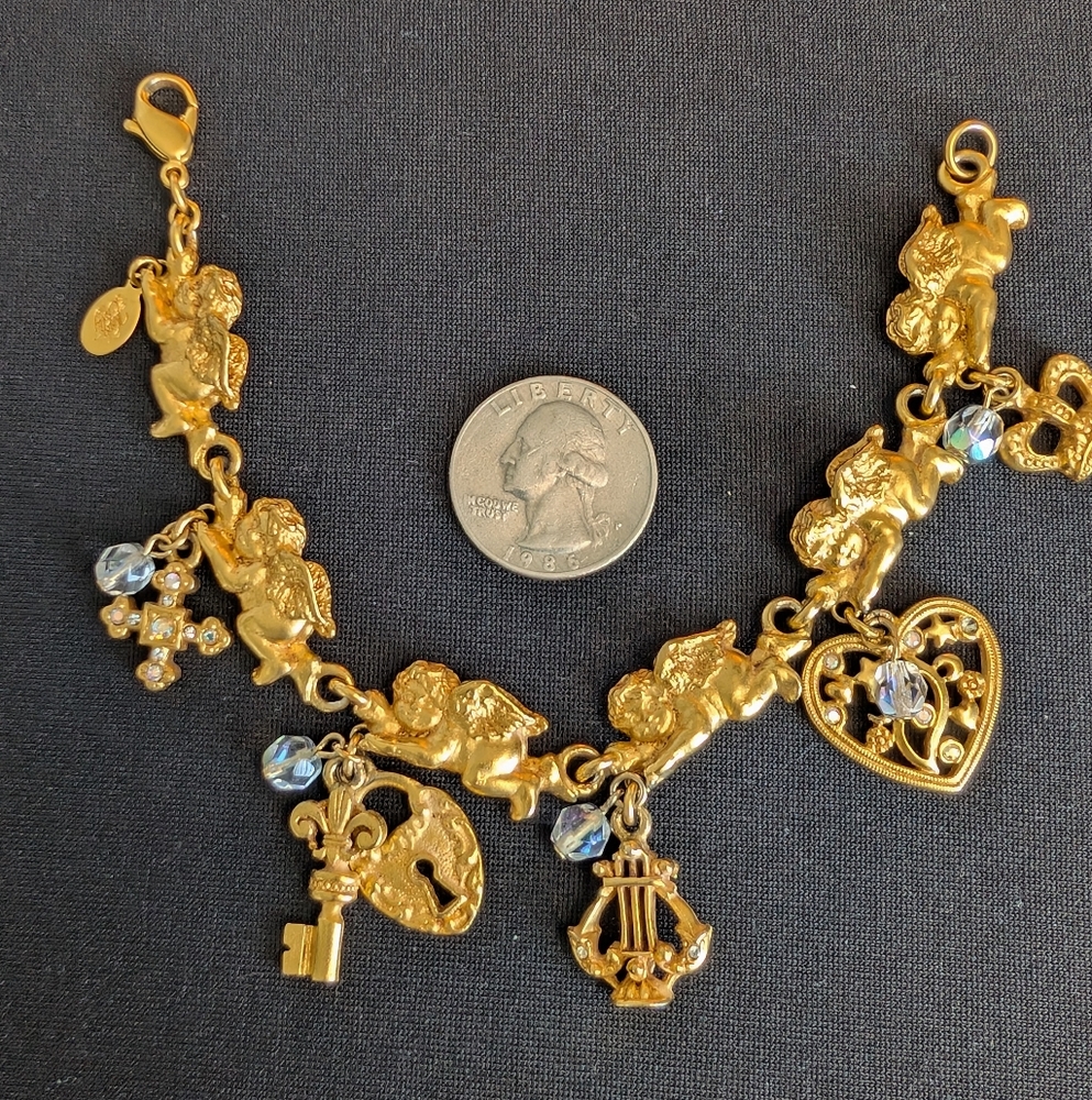 **RARE** Kirks Folly Cherub Panel Link Gold Vintage Collectable Charm Bracelet - Picture 12 of 12